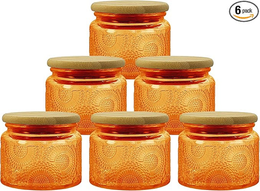 4 oz Amber Mini Glass Jars with Airtight Bamboo Lids 6 pack, Decorative Small Food Storage Canister, Vintage Embossed Home Decor Candle Parties Wedding Baby Shower Favors Gift