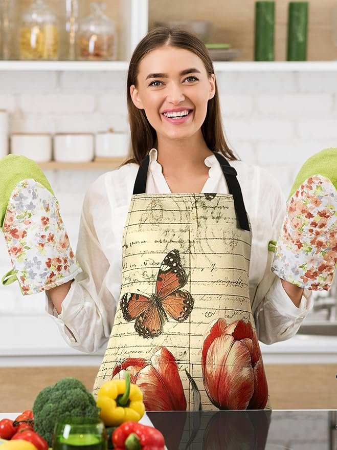Bencailor 6 Pcs Spring Kitchen Aprons with Pockets Flower Rooster Bee Butterfly Sunflower Summer Aprons Bulk for Women(Classic Color,Butterfly) - Image 2