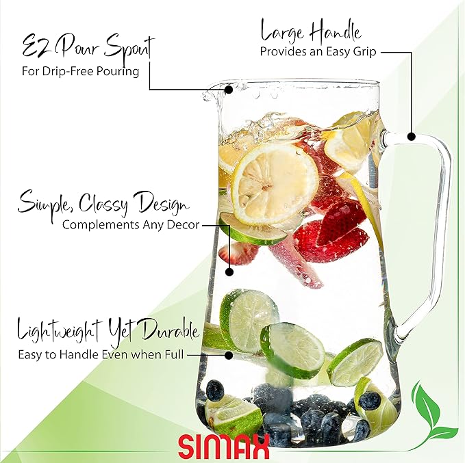 Simax Large Glass Pitcher With Spout, 2.5 Quart (80 Ounce) Borosilicate Glass Iced Tea Pitchers with Handle, Angled Cylinder Design, Glass Water Pitcher - Image 3