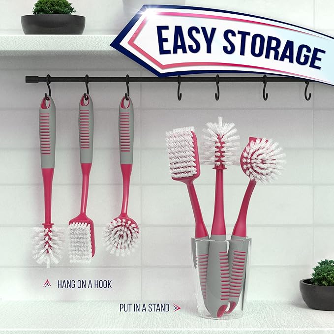 Dish Brush Set of 4 - Kitchen Scrub Brushes with Non-Slip Long Handle for Cleaning, Scrubber, Dishwashing, Dishes, Bottles, Straws, Cups, Pots & Sink, Red - Image 7