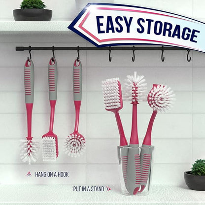 Dish Brush Set of 4 - Kitchen Scrub Brushes with Non-Slip Long Handle for Cleaning, Scrubber, Dishwashing, Dishes, Bottles, Straws, Cups, Pots & Sink, Red - Image 7