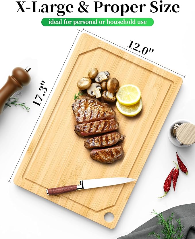 Kitsure Bamboo Cutting Board - Multi-Sizes Wooden Cutting Boards for Kitchen, Convenient Kitchen Essentials with Deep Juice Grooves, Cutting Board for Chopping & Serving, X-Large, Natural - Image 2