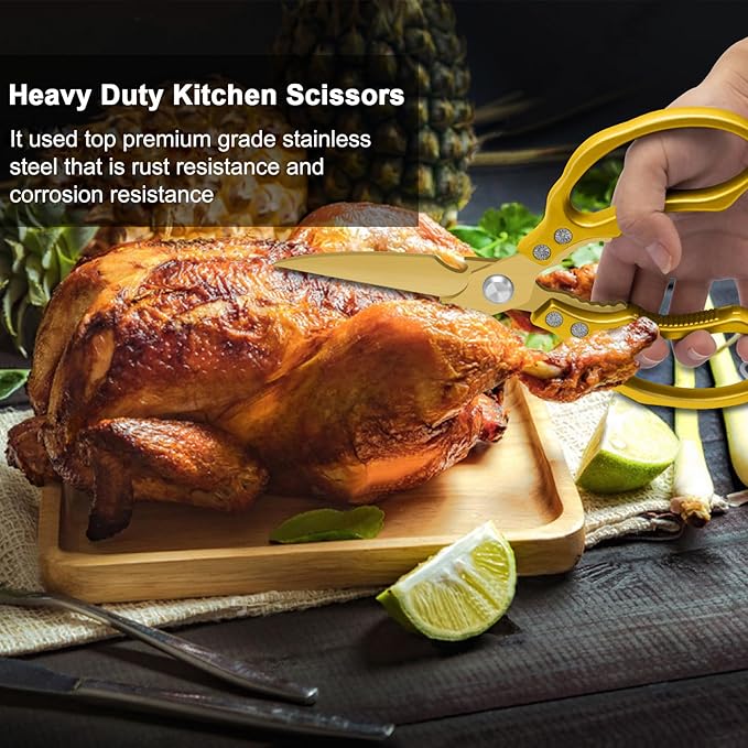 CGBE Kitchen Scissors, Multi-Purpose Kitchen Shears, Heavy Duty Dishwasher Safe Food Scissors for Chicken, Poultry, Fish, Meat & Herbs with Non-Slip Grips - ALL Gold - Image 5