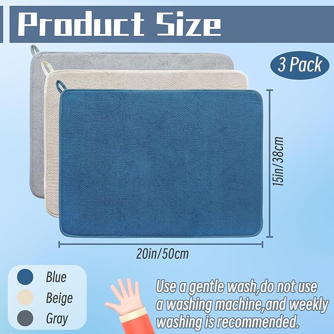 3 Pack Microfiber Dish Drying Mats,Ultra Absorbent Dish Drainer Mats,20x15" Large Size Kitchen Quick Dry Pads for Counter,Under Sink,Coffee Rack(Blue,Beige,Gray) - Image 2