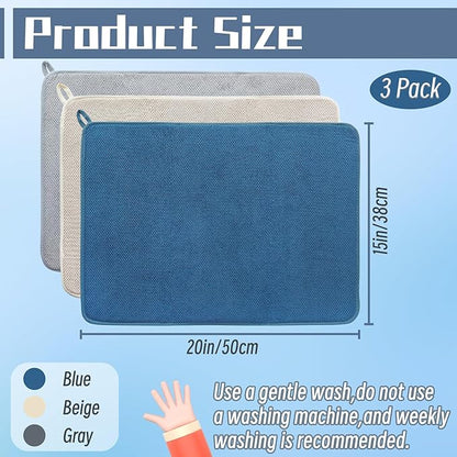 3 Pack Microfiber Dish Drying Mats,Ultra Absorbent Dish Drainer Mats,20x15" Large Size Kitchen Quick Dry Pads for Counter,Under Sink,Coffee Rack(Blue,Beige,Gray) - Image 2