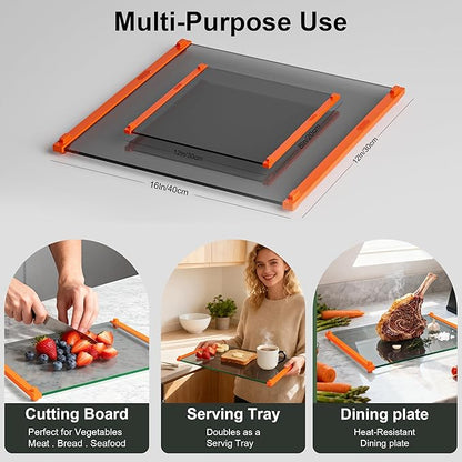 Glass Cutting Boards for Kitchen(12x16" & 12x8"),European Grey Glass Paired with Orange Silicone Grip,No Scratches/Microplastic-Free/Non Toxic,Excellent Gift for Mother's Day and Father's Day