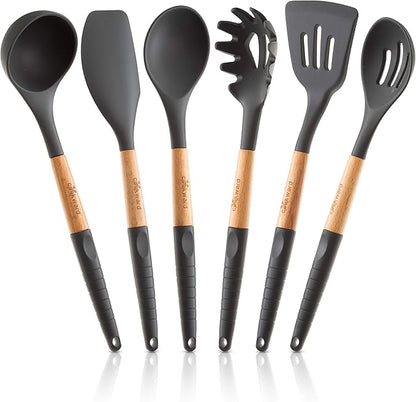 Silicone Cooking Utensils Set 6 Piece – Heat Resistant up to 480°F, BPA Free & Non-Scratch Kitchen Tools with Natural Wood Handles, Dark Gray by cookward