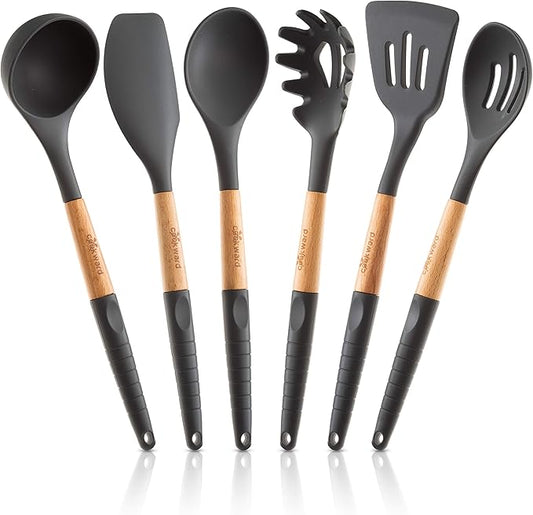 Silicone Cooking Utensils Set 6 Piece – Heat Resistant up to 480°F, BPA Free & Non-Scratch Kitchen Tools with Natural Wood Handles, Dark Gray by cookward