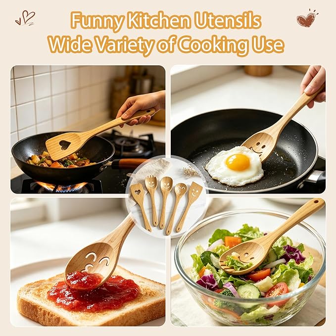Fun Wooden Spoons for Cooking 5 Piece - Funny Kitchen Utensil Set Nonstick Smiley Face Cooking Spoons & Spatula Happy Cute Kitchen Accessories Unique Mothers Day Gifts Housewarming Gifts New Home