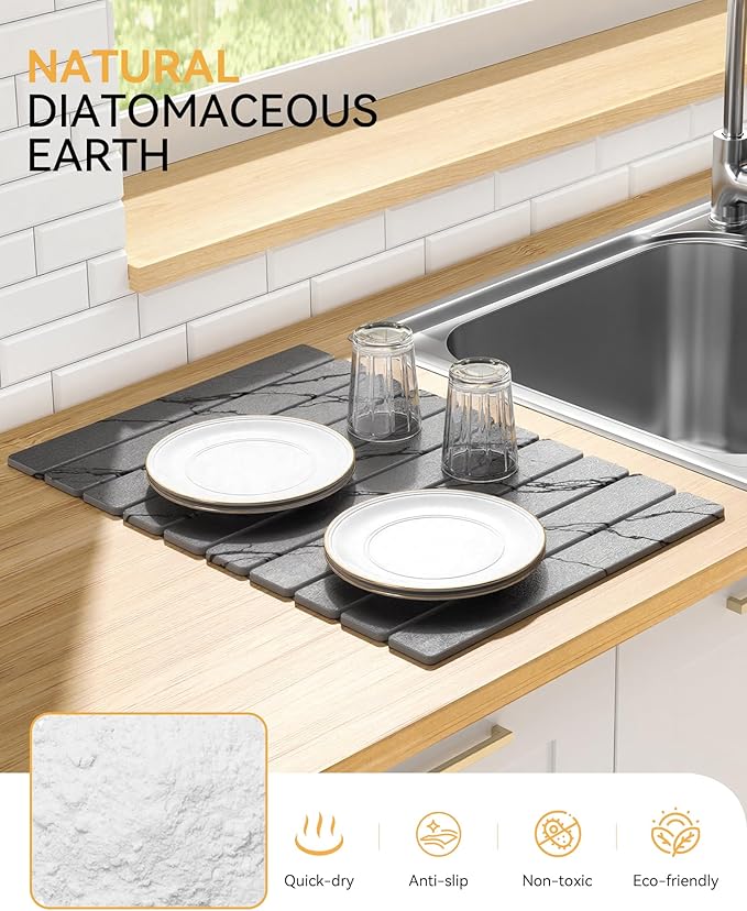 Yofidra Large Stone Dish Drying Mat for Kitchen Counter, Quick Dry Stone Mats with Absorbent Diatomaceous Earth, Foldable Roll Up Drying Organizer Pad for Utensils Plate, 24"×16", Dark Gray Marble - Image 4