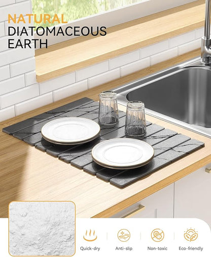 Yofidra Large Stone Dish Drying Mat for Kitchen Counter, Quick Dry Stone Mats with Absorbent Diatomaceous Earth, Foldable Roll Up Drying Organizer Pad for Utensils Plate, 24"×16", Dark Gray Marble - Image 4