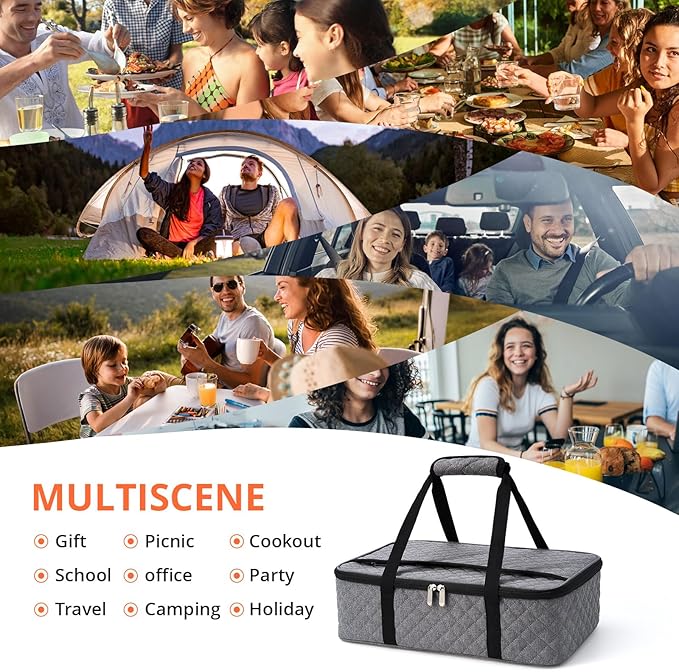 Insulated Casserole Carrier Portable Food Tote for Hot or Cold – Fits 9"x13" Baking Dish, Lasagna Holder for Parties, Picnic, Travel, Beach - Grey