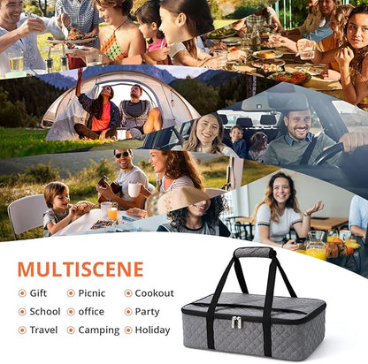 Insulated Casserole Carrier Portable Food Tote for Hot or Cold – Fits 9"x13" Baking Dish, Lasagna Holder for Parties, Picnic, Travel, Beach - Grey
