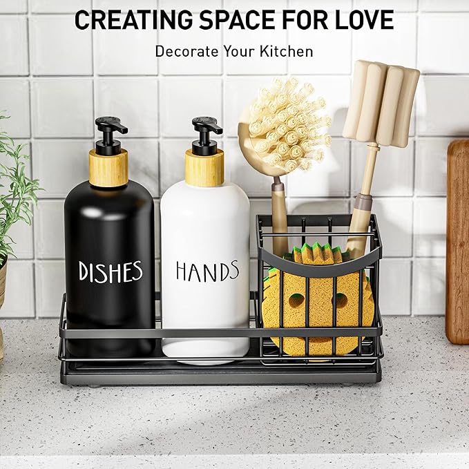 Moforoco Kitchen Dish Soap Dispenser Set, 16OZ Glass Bottle, Hand and Dish Soap Dispenser Set, Instant Dry Tray, Brush Holder with Smiley Face Sponge Holder (Universal Black Tray+Black&White Bottle) - Image 6