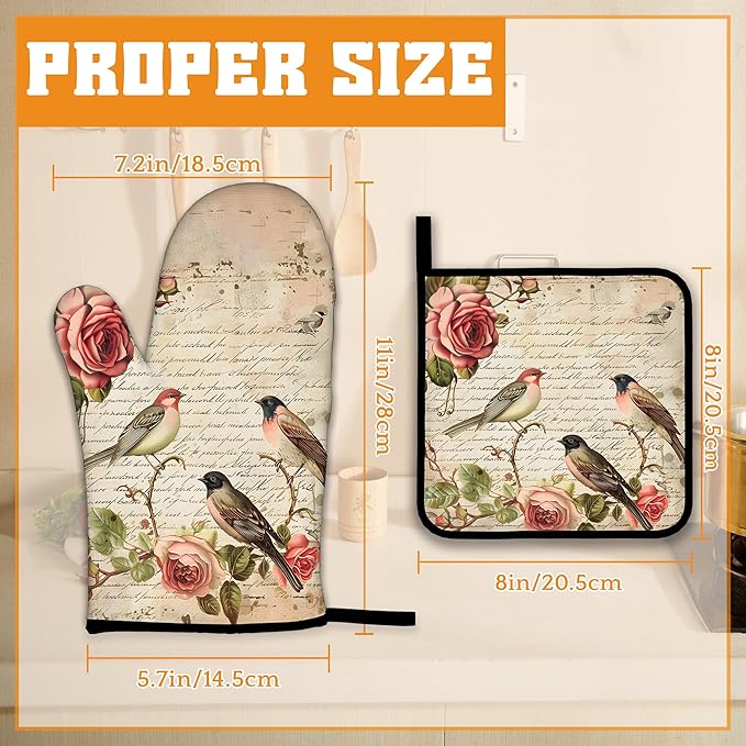 Vintage Bird Oven Mitts and Pot Holders,Pink Rose Flower Heat Resistant Oven Mitts Gloves and Pot Holder for Home Kitchen Decorations Cooking Baking BBQ Gifts,Set of 4