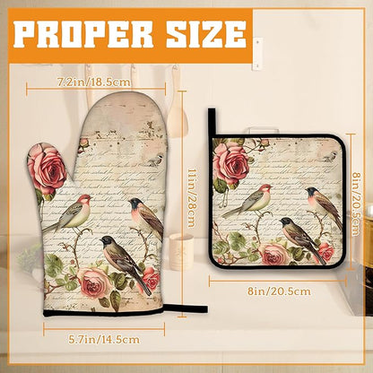 Vintage Bird Oven Mitts and Pot Holders,Pink Rose Flower Heat Resistant Oven Mitts Gloves and Pot Holder for Home Kitchen Decorations Cooking Baking BBQ Gifts,Set of 4