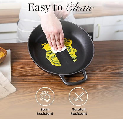 Shallow Cast Iron Casserole with Lid – Non Stick Dutch Oven Pot, Oven Safe up to 500° F – Sturdy Ovenproof Stockpot Cookware – Enamelled Cooking Pot – Black, 3.7-Quart, 30cm – by Nuovva