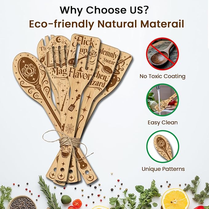 CUTHOLLOW 6PCS Magic Element Wooden Kitchen Cooking Utensil Set, 11.9in Non Toxic Bamboo Wood Spoon Set for Cooking, Best Housewarming Birthday Thanksgiving Christmas Gift for Women Mother