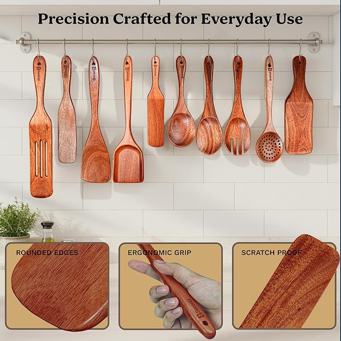 10Pcs Wooden Kitchen Utensil Set, Premium Natural Acacia Wood Cooking Utensils for Nonstick Cookware, Spoon Spatula Turner Ladle Skimmer Serving Tools