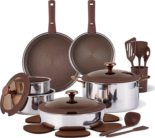 CAROTE 22PCS Stainless Steel Cookware Set, Ceramic Hybrid Nonstick Pots and Pans Set, Titanium Cookware, Kitchen Cookware Set, Induction Safe, Oven Safe, Brown, Mothers Day Gifts