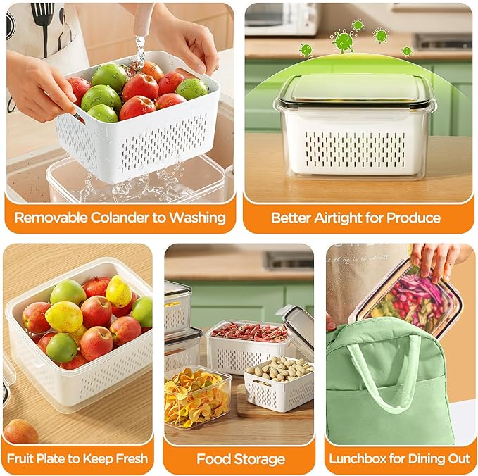 6 PCS Fruit Storage Containers for Fridge with Removable Colanders, 6 Plastic Food Storage Containers with 6 Lids, Leakproof Produce Containers Keep Fruits, Vegetables, Berry, Meat Fresh Longer - Image 6