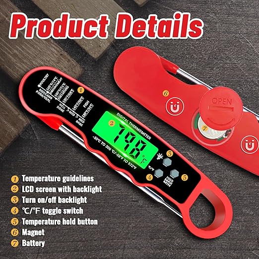 Meat Thermometer Digital, Instant Read Meat Thermometer with Backlight & Magnet for Kitchen, Beef, Grill, Turkey,IP67 Waterproof Cooking Thermometer - Image 4