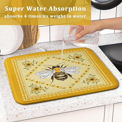 Giwawa Sunflower Bee Dish Drying Mat, Summer Rustic Sunshine Floral Dish Drainer Mats, Yellow Farmhouse Absorbent Reversible Small Dish Drying Pad Decor for Kitchen Countertop, 16x18inches