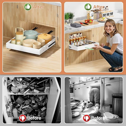 2 Pack Pull out Cabinet Organizer, Width (10"-16") Depth (17"-25"), with 3 Rails Adjustable Slide, Expandable Pullout Drawers for Cabinets, No Drill Adhesive Kitchen Drawers for Pantry Shelves - Image 7