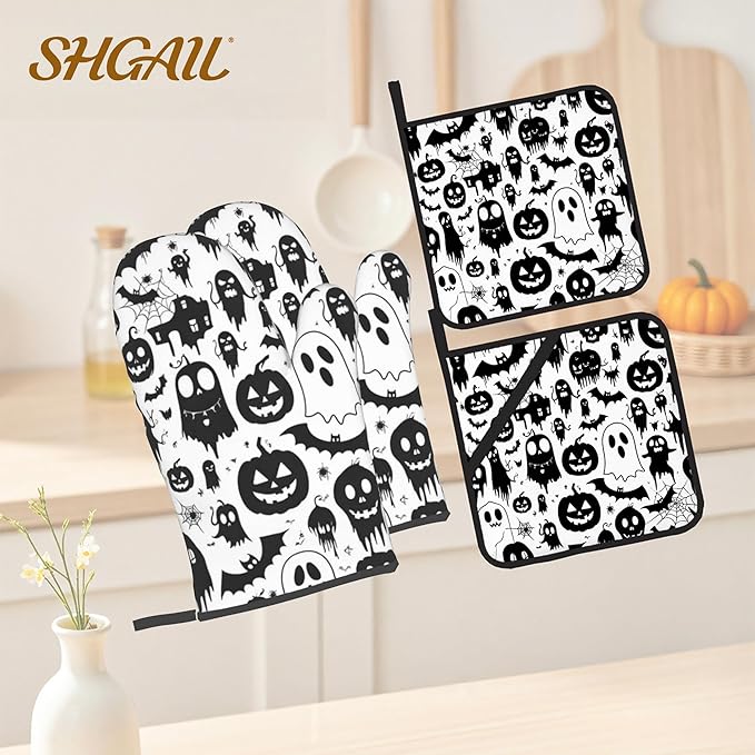 Halloween Ghost Pumpkin Pattern Oven Gloves and Hot Pads Set - Heatproof Hand Protection for Baking, Grilling, Cooking 4Pcs