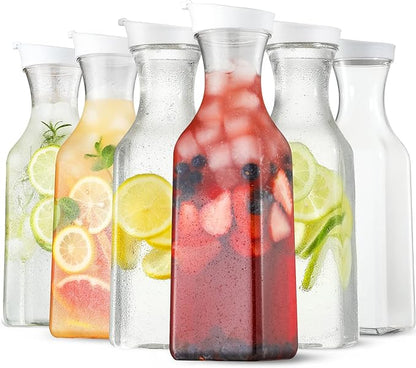 Plastic 50 Oz Water Carafe with Flip Top Lid, Set of 6 Square Base Clear Plastic Juice Container Pitcher - for Water, Iced Tea, Juice, Beverage, Lemonade, Milk and Mimosa Bar - HAND WASH ONLY by NETANY