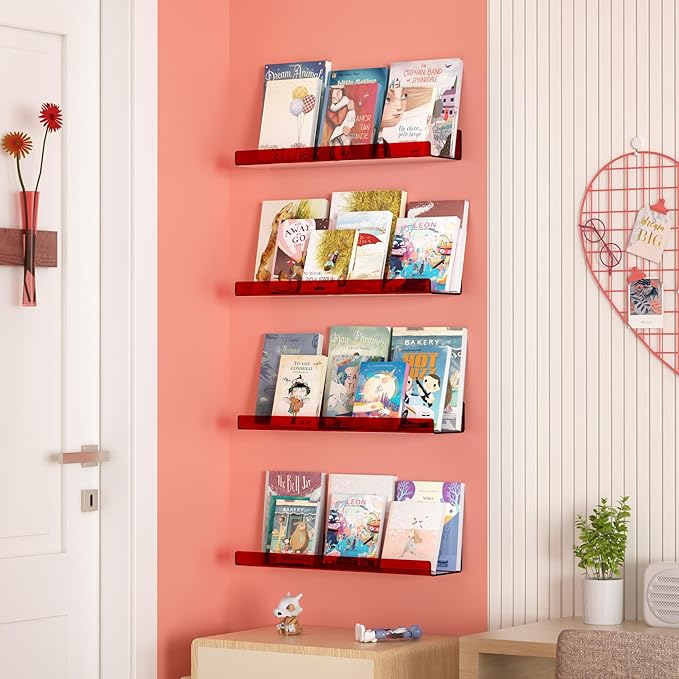 upsimples Acrylic Shelves for Wall Decor, 15" Display Shelf Perfume Organizer for Bathroom, Bedroom, Living Room, Floating Bookshelves for Kids, Clear Red, 4 Pack - Image 4