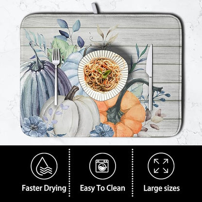 Fall Blue Orange Grey Pumpkin Kitchen Dish Drying Mat for Kitchen Counter 18x24 Inch Autumn Teal Flowers Drying Mat Thanksgiving Harvest Dish Drainer Mat Super Absorbent Dish Rack Pad for Coffee Bar - Image 4