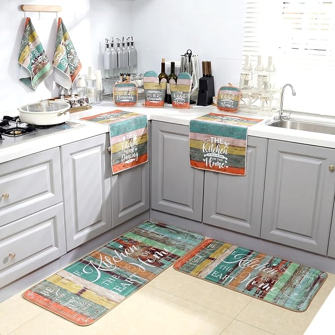 Fourluoo 10 Pcs Farmhouse Kitchen Decor and Accessories Set 4 Kitchen Towels 2 Pot Holders 2 Oven Mitts 2 Rugs for Cooking Baking Mom Housewarming Gifts(Vintage Wood Grain,Classic Style) - Image 7
