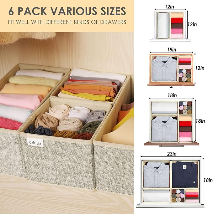 Criusia Underwear Drawer Organizer, 6 Set Foldable Underwear Drawer Organizer and Closet Dividers,Storage Box for Clothes, Socks, Underwear (6 Bins, Beige) - Image 3