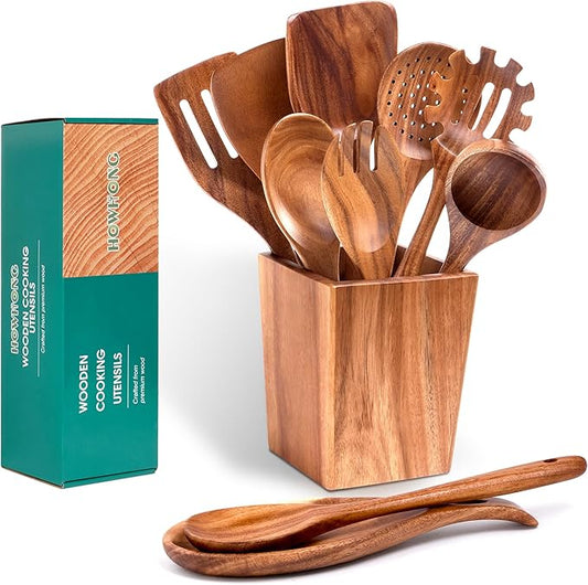 HOWHONG Wooden Spoons for Cooking, Premium Acacia Wood Kitchen Utensil Set, Handmade Wooden Utensils for Nonstick Cookware, Heat Resistant, Smooth Finish, Comfortable Grip, with Holder, Gift Ready by HOWHONG