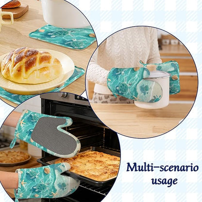 Beach Starfish Sea Turtle Oven Mitts and Pot Holders Sets of 4 Coastal Shell Heat Resistant Silicone Oven Mits Gloves Non-Slip Kitchen Mittens Potholders for Cooking Baking Grilling BBQ
