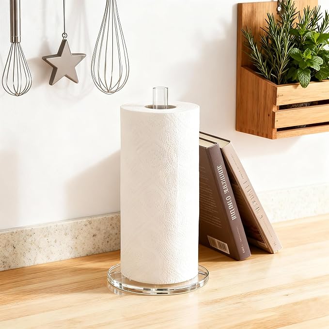 WORHE Paper Towel Holder Countertop Clear Acrylic 5.9" Diameter Thickening Sturdy Base,for Kitchen Bathroom, Paper Towel Dispenser for Tear Tissue Roll 1 Pack (YGC001) - Image 5