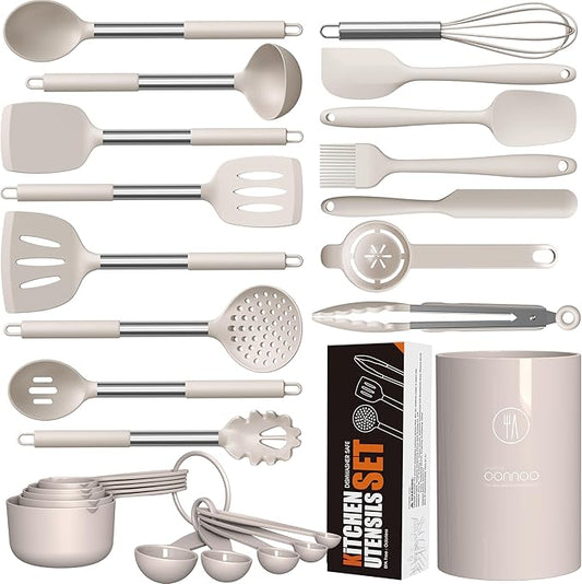 Large Silicone Cooking Utensils Set - Heat Resistant Kitchen Utensils,Turner Tongs,Spatula,Spoon,Brush,Whisk,Stainless Steel Silicone Cooking Tool for Nonstick Cookware,Dishwasher Safe (Khaki) by oannao