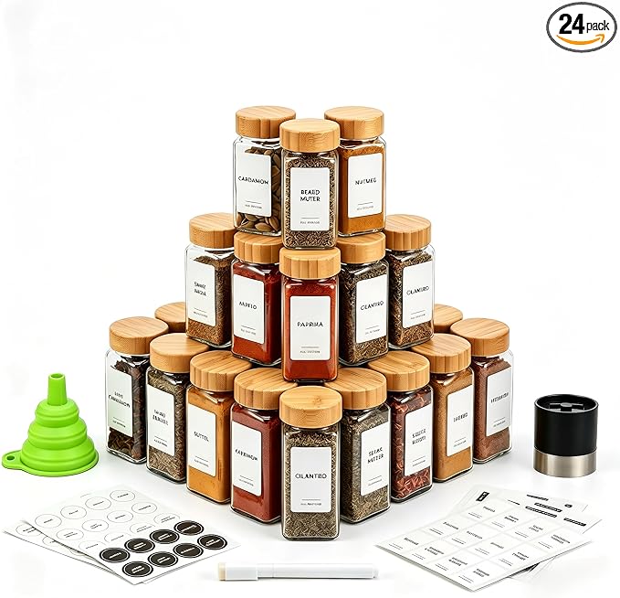24-Pack Glass Spice Jars with Bamboo Lids, 4 Oz Clear Square Spice Containers with Airtight Seal, Spice Bottles Set with Labels, Shaker Lids and Funnel for Kitchen, Pantry Organization and Storage