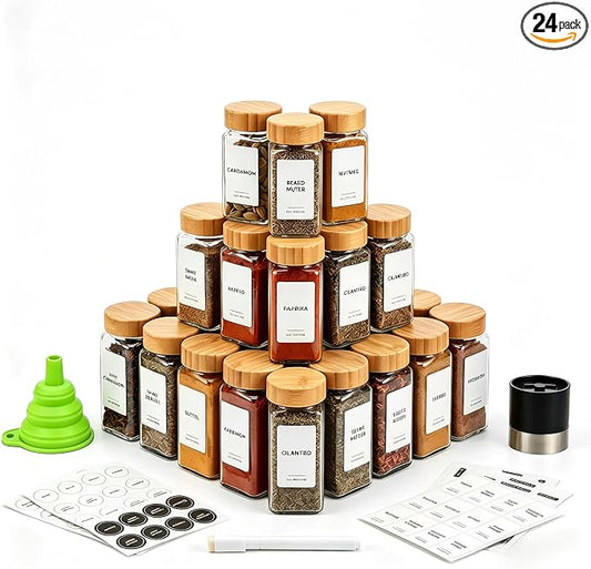 24-Pack Glass Spice Jars with Bamboo Lids, 4 Oz Clear Square Spice Containers with Airtight Seal, Spice Bottles Set with Labels, Shaker Lids and Funnel for Kitchen, Pantry Organization and Storage