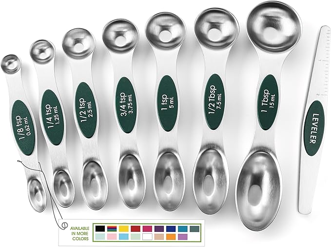 Spring Chef Stainless Steel Magnetic Measuring Spoons Set of 8 with Leveler, Stackable Magnetic Teaspoon & Tablespoon Set, Metal Kitchen Gadgets for Baking & Cooking, Fits in Spice Jars - Pine Green by SpringChef