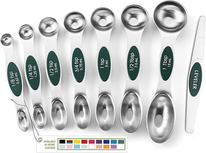 Spring Chef Stainless Steel Magnetic Measuring Spoons Set of 8 with Leveler, Stackable Magnetic Teaspoon & Tablespoon Set, Metal Kitchen Gadgets for Baking & Cooking, Fits in Spice Jars - Pine Green by SpringChef