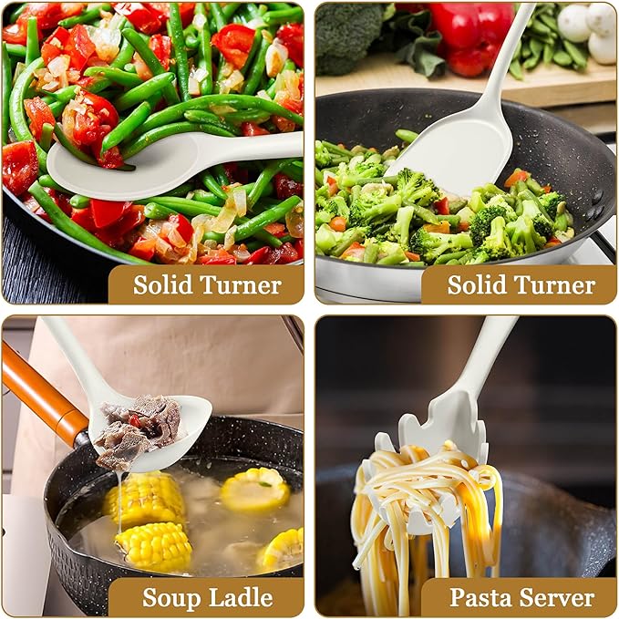 LIANYU 8Pcs Kitchen Cooking Utensils Set, Silicone Utensil Sets, Heat Resistant Kitchen Gadgets Essentials for Nonstick Cookware with Spatula, Spoon, Tuner, Ladle, Dishwasher Safe, White - Image 6