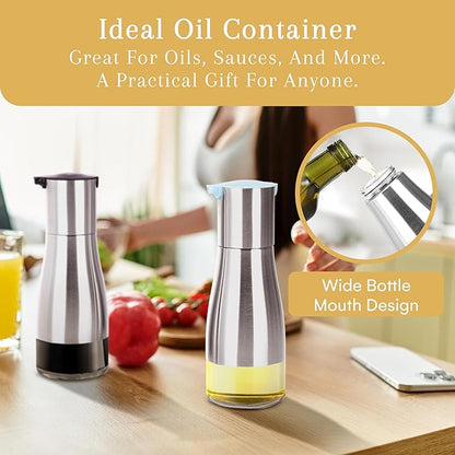 2LB Depot Oil and Vinegar Dispenser Set - Brushed Steel & Glass Containers with Anti-Drip Spout Lid - Easy-Clean - Olive Oil Dispenser Bottle - Minimalist Kitchen Accessory - 7.1"H x 2.7"L x 2.7"W