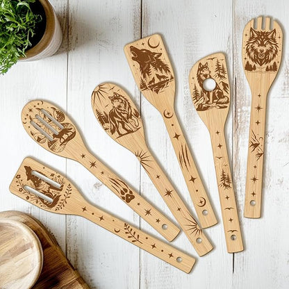 CUTHOLLOW 6PCS Wolves and Forest Wooden Kitchen Cooking Utensil Set, 11.9in Non Toxic Bamboo Wood Spoon Set for Cooking, Best Housewarming Birthday Thanksgiving Christmas Gift for Women Mother