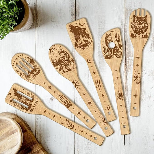 CUTHOLLOW 6PCS Wolves and Forest Wooden Kitchen Cooking Utensil Set, 11.9in Non Toxic Bamboo Wood Spoon Set for Cooking, Best Housewarming Birthday Thanksgiving Christmas Gift for Women Mother