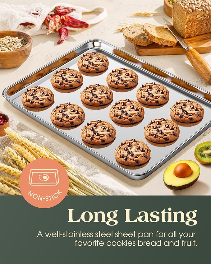 Baking Sheet Set of 2, Commercial Grade Stainless Steel Cookie Sheets for Baking, 18 x 13 Inch Thicker Large Baking Pans Oven Tray, Warp Resistant Nonstick Half Sheet Pan, Nontoxic & Heavy Duty - Image 7