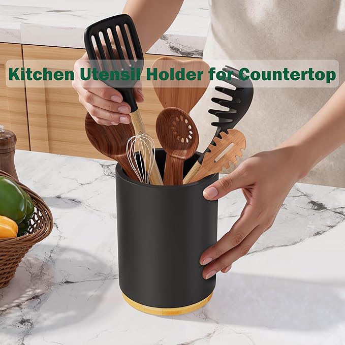 Black Utensil Holder Wood Kitchen Utensil Holder for Countertop, 360°Rotating Cooking Utensil Crock for Counter, 7.2" Large Utensil Organizer for Spatula Kitchen Decor - Image 5