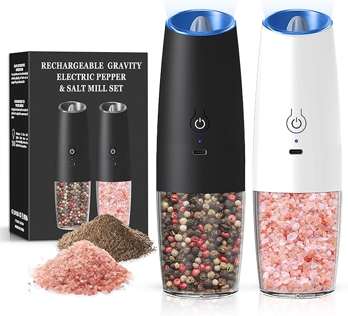 Rechargeable Salt And Pepper Grinder Set with LED Light, Automatic Electric Gravity Salt And Pepper Shakers Set, No Battery Needed, Adjustable Roughness, 2 Pack (Black+White) by Unknown