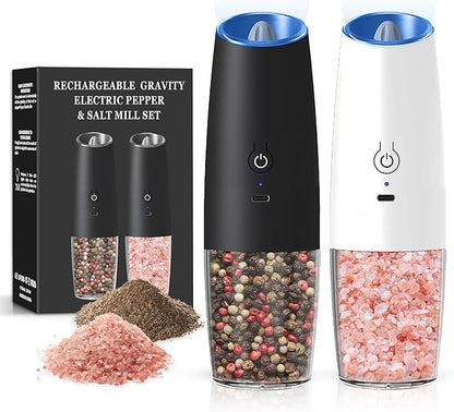 Rechargeable Salt And Pepper Grinder Set with LED Light, Automatic Electric Gravity Salt And Pepper Shakers Set, No Battery Needed, Adjustable Roughness, 2 Pack (Black+White) by Unknown
